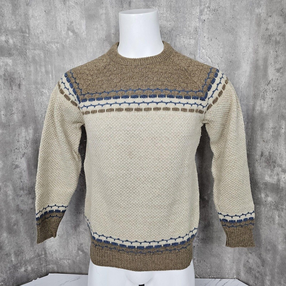Vintage 70s Club John Mols France Mens Brown Blue Wool Blend Knit Jumper Sweater